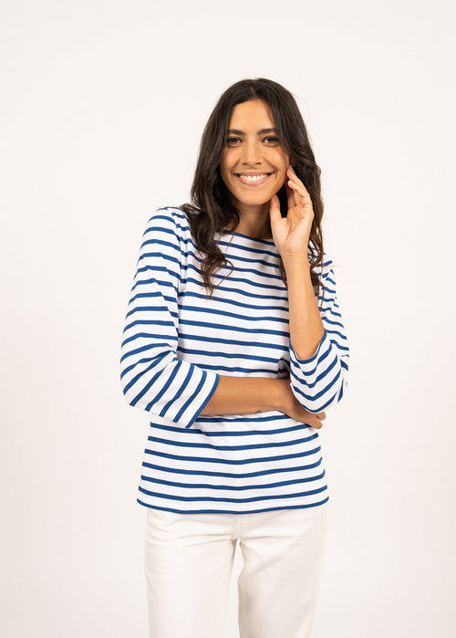 Saint James GALATHEE II - Breton Striped Top with ¾ Sleeve | Soft Cotton | Women Fit (WHITE / ROYAL BLUE)