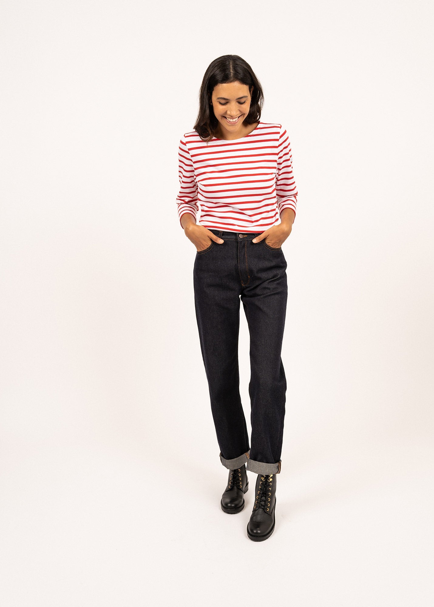 Saint James GALATHEE II - Breton Striped Top with ¾ Sleeve | Soft Cotton | Women Fit (WHITE / RED)