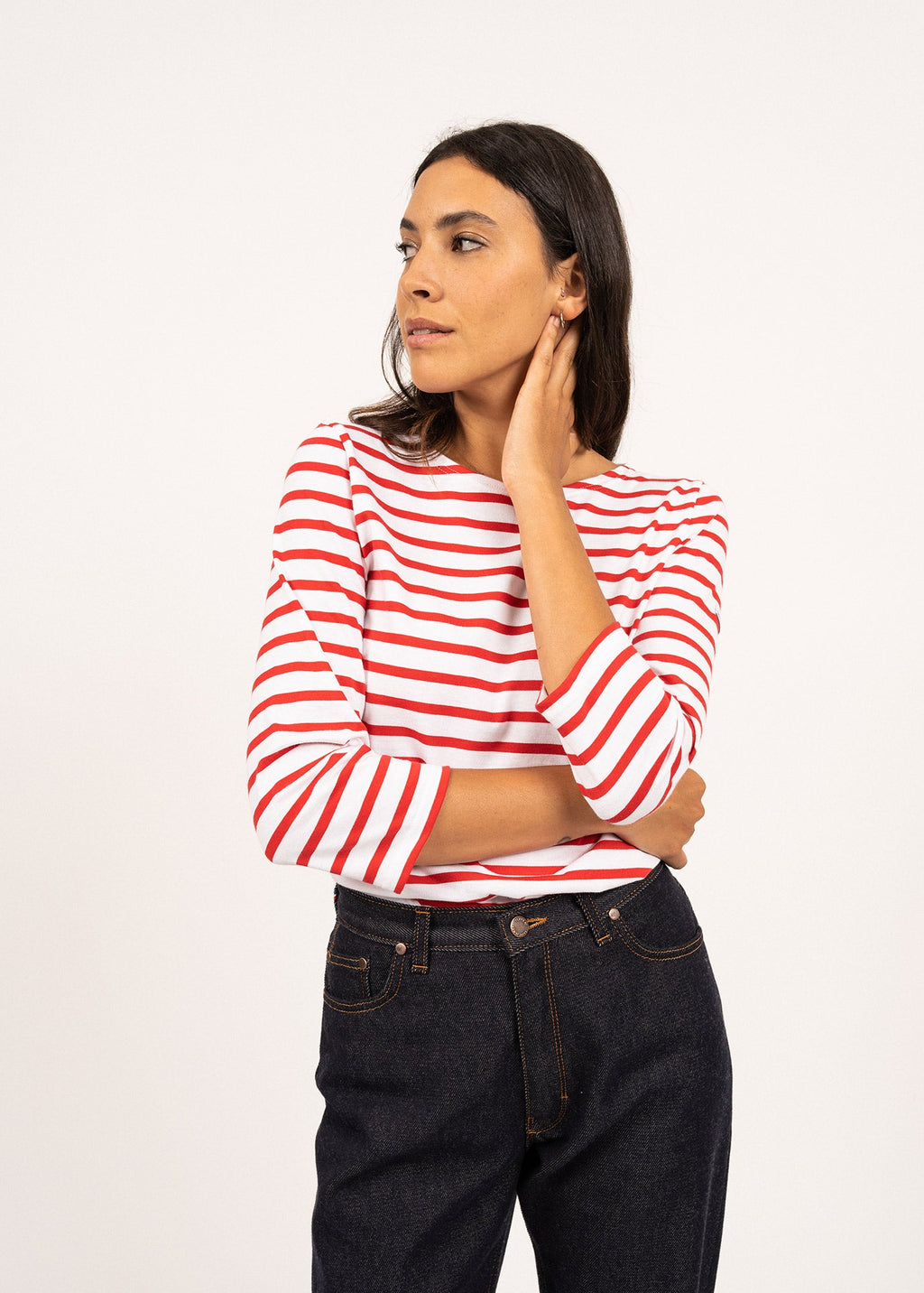 Saint James GALATHEE II - Breton Striped Top with ¾ Sleeve | Soft Cotton | Women Fit (WHITE / RED)