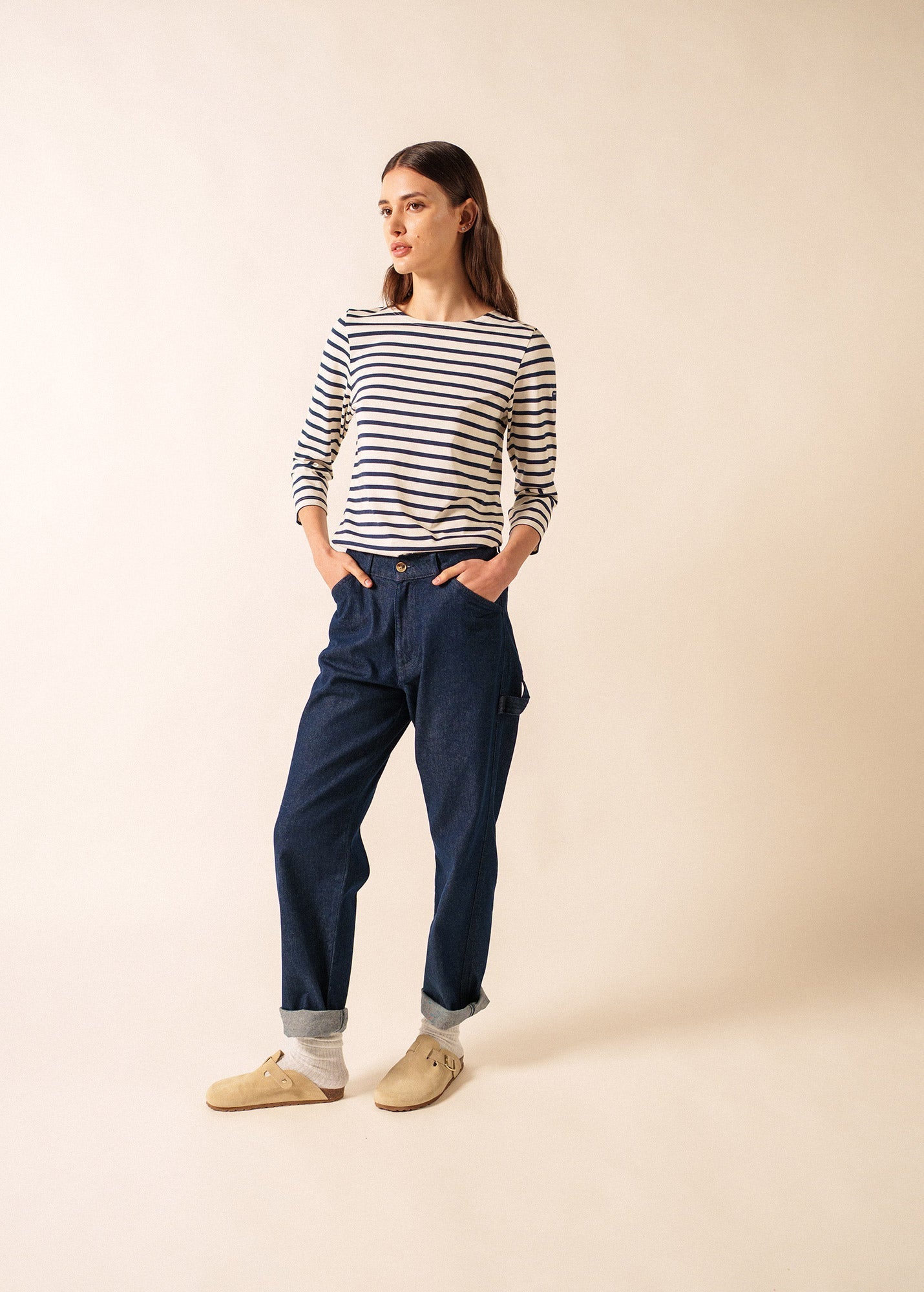 Saint James GALATHEE II - Breton Striped Top with ¾ Sleeve | Soft Cotton | Women Fit (ECRU / NAVY)