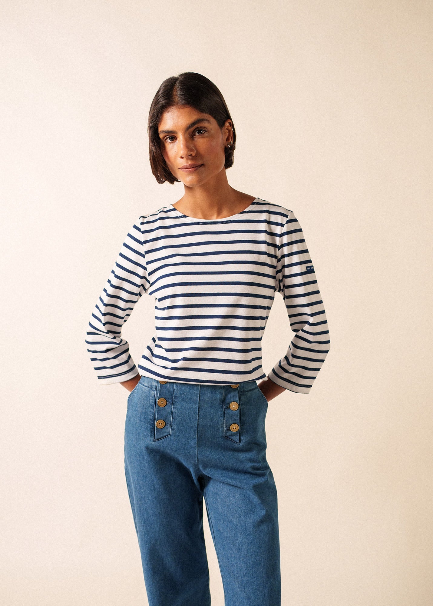 Saint James GALATHEE II - Breton Striped Top with ¾ Sleeve | Soft Cotton | Women Fit (WHITE / NAVY)
