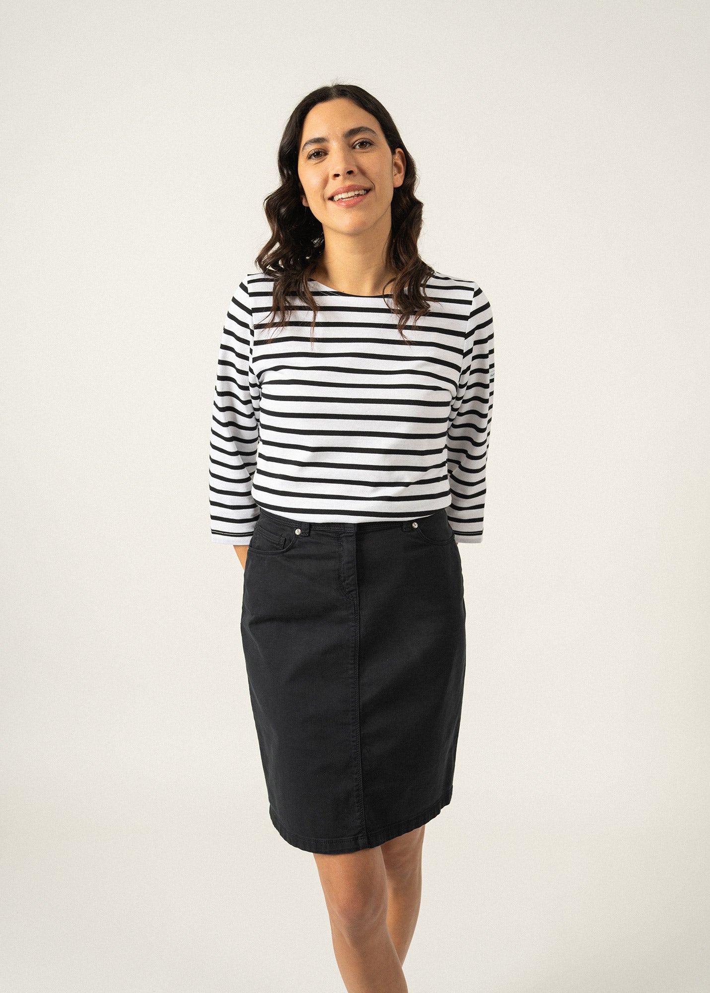 Saint James GALATHEE II - Breton Striped Top with ¾ Sleeve | Soft Cotton | Women Fit (WHITE / BLACK)