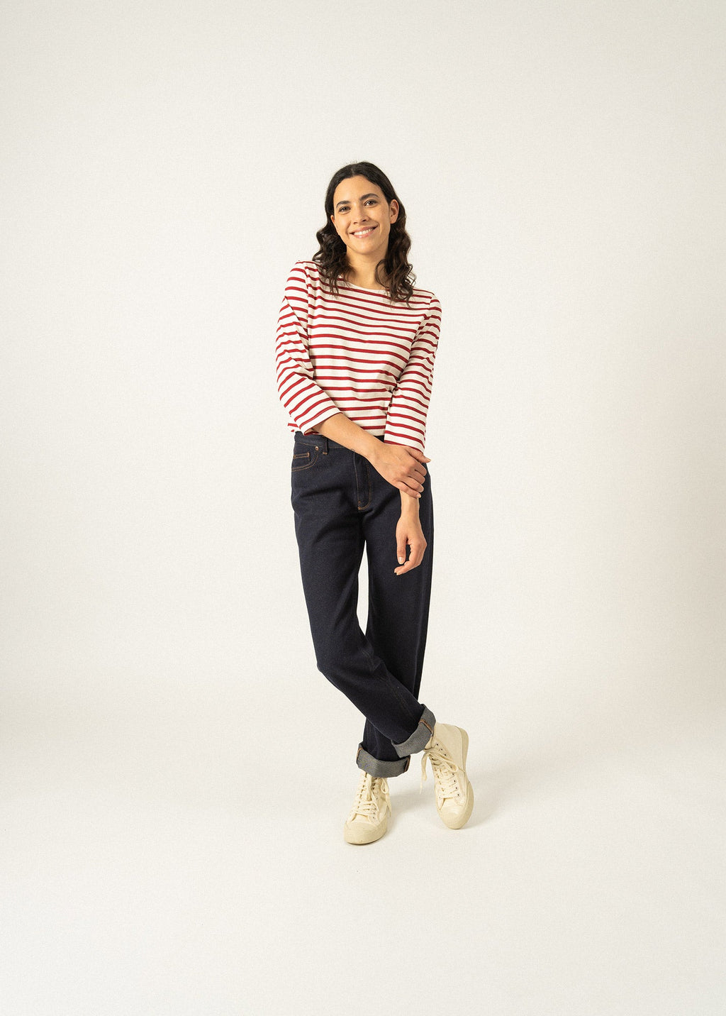 Saint James GALATHEE II - Breton Striped Top with ¾ Sleeve | Soft Cotton | Women Fit (ECRU / MAROON)