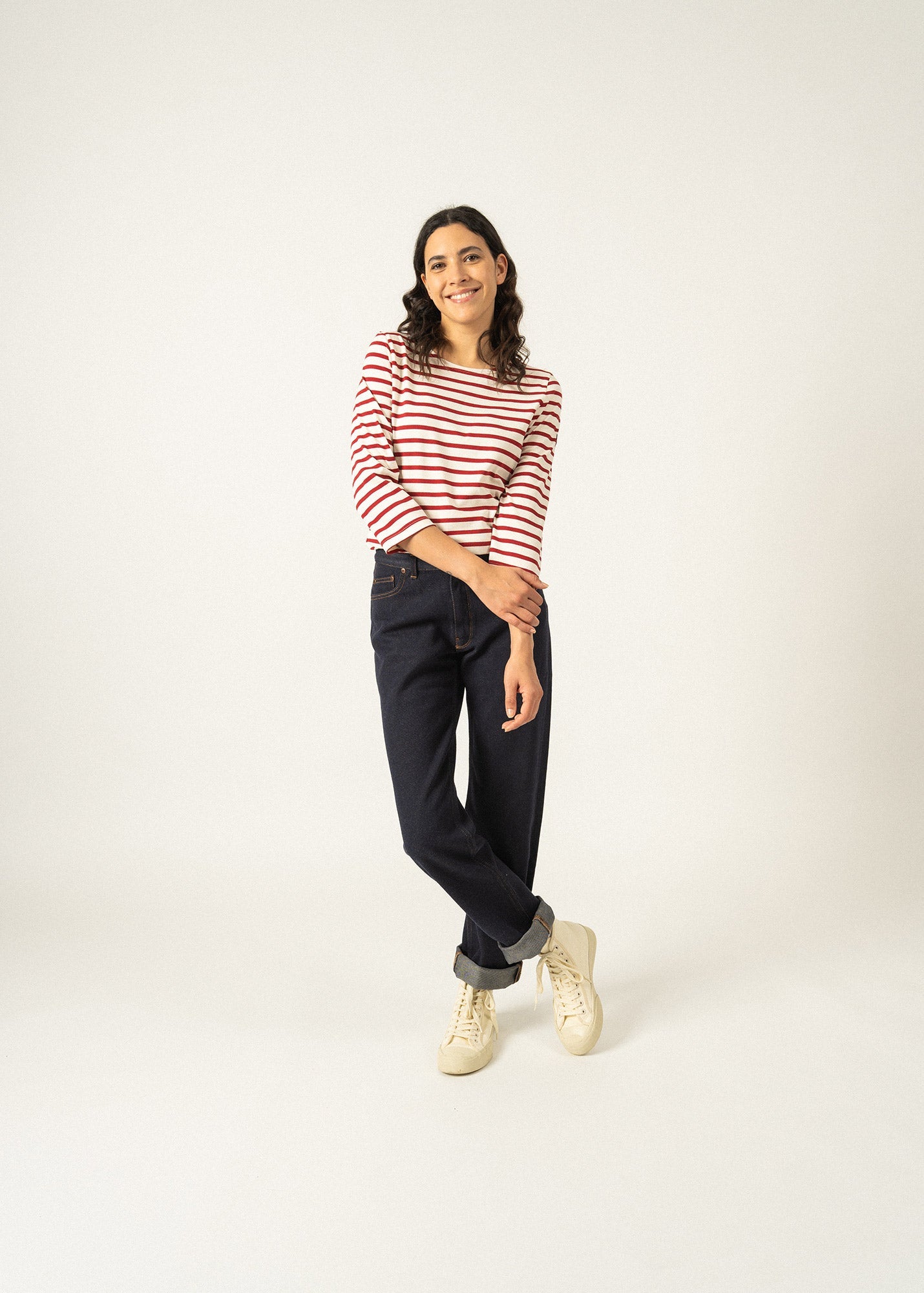 Saint James GALATHEE II - Breton Striped Top with ¾ Sleeve | Soft Cotton | Women Fit (ECRU / MAROON)