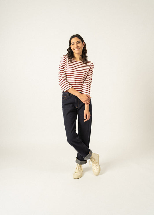 Saint James Galathee Ii Breton Striped Top With ¾ Sleeve Soft Cotton Women Fit Ecru Maroon