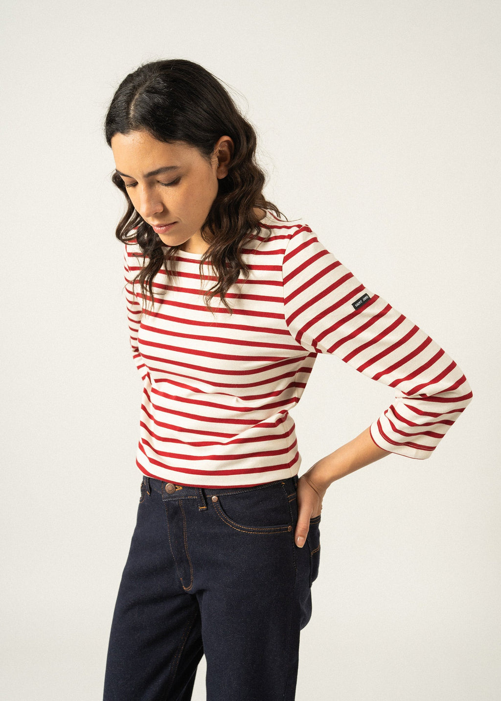 Saint James GALATHEE II - Breton Striped Top with ¾ Sleeve | Soft Cotton | Women Fit (ECRU / MAROON)