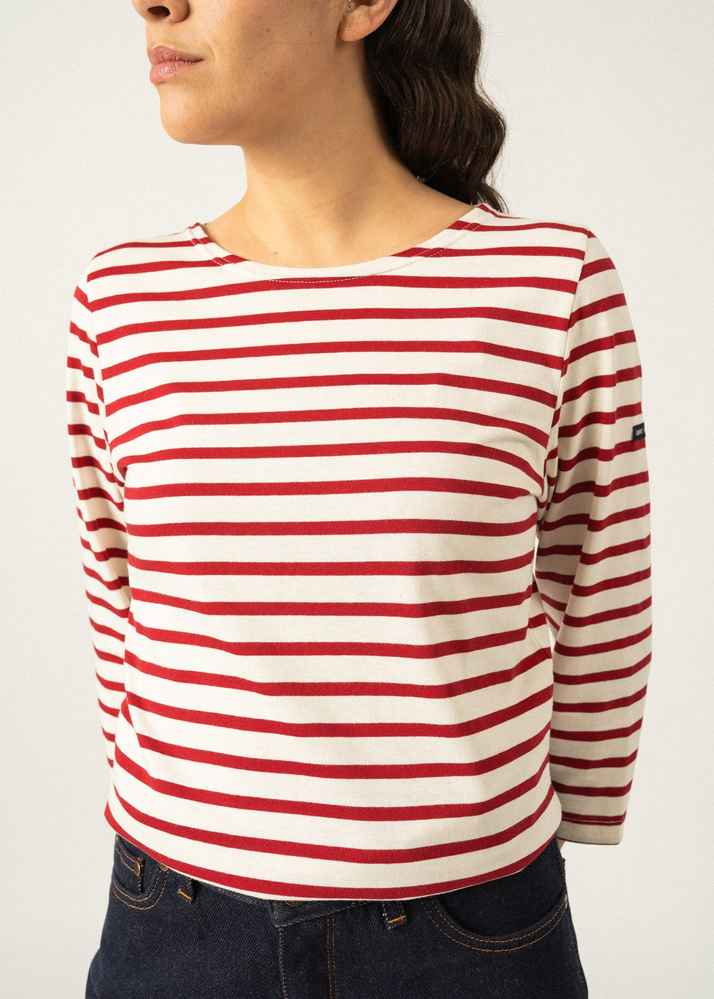 Saint James GALATHEE II - Breton Striped Top with ¾ Sleeve | Soft Cotton | Women Fit (ECRU / MAROON)