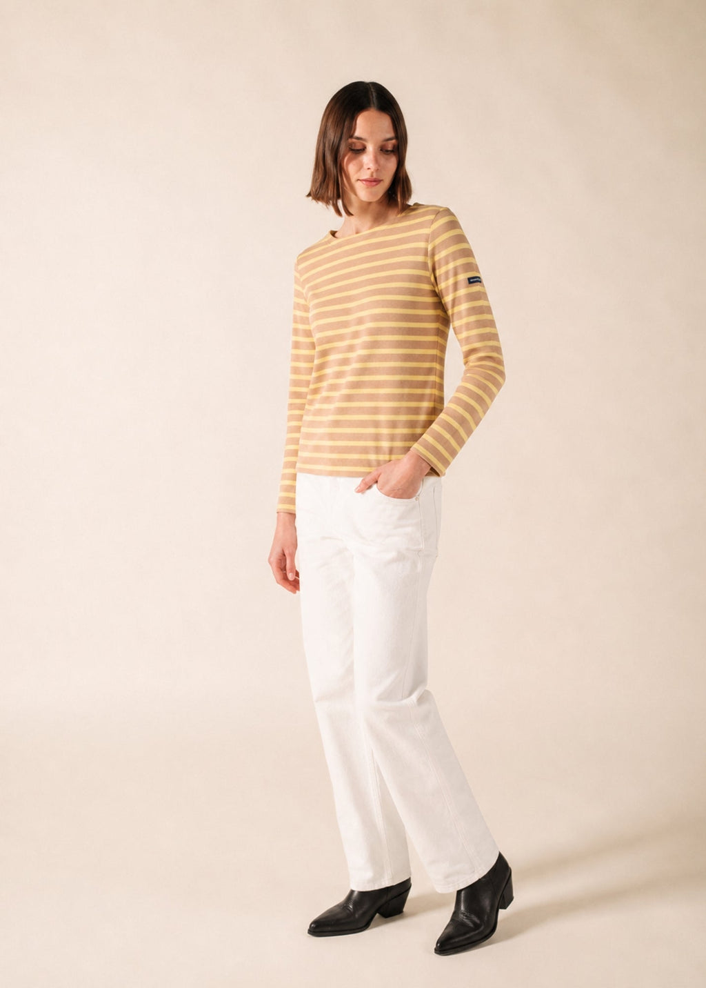 Saint James Meridame II Breton Shirt, Beige Melange / Butter Yellow