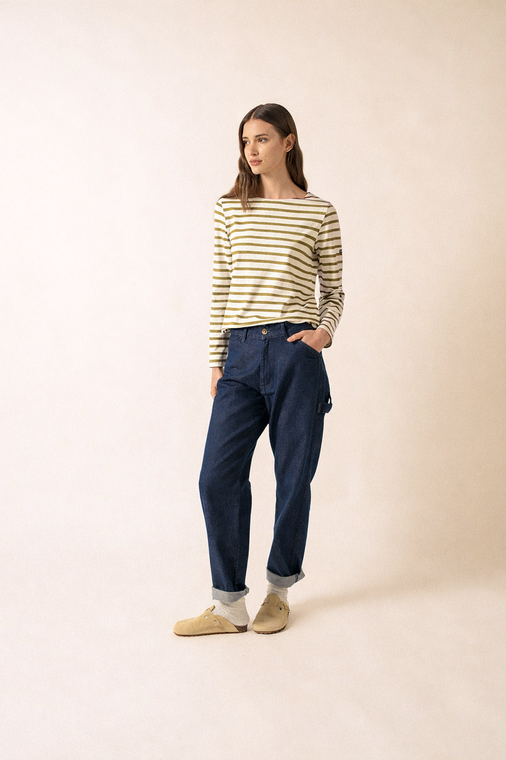 Meridame II Breton Shirt (WHITE / SAGE OLIVE)