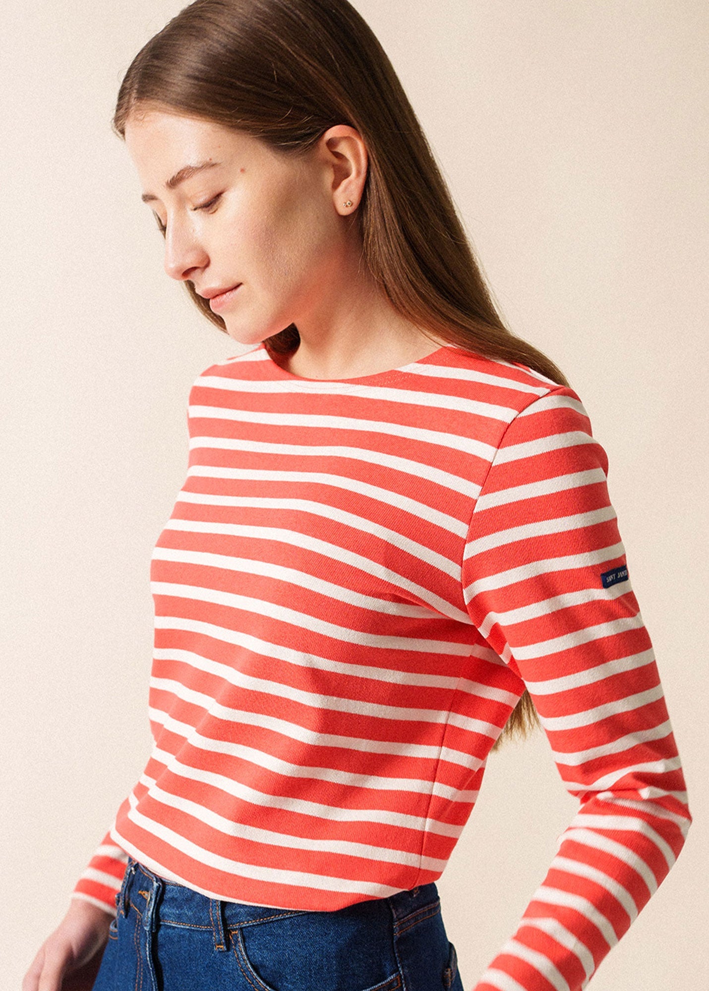 Saint James MERIDAME II - Authentic Breton Shirt | Heavyweight Cotton | Women Fit (CORAL / WHITE)