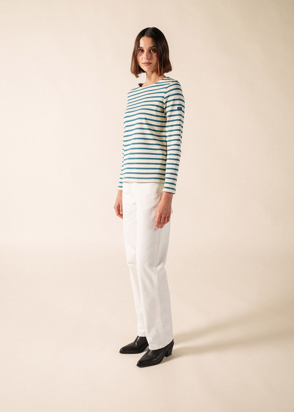 Saint James Meridame II Breton Shirt, Ecru / Coastal Blue Melange