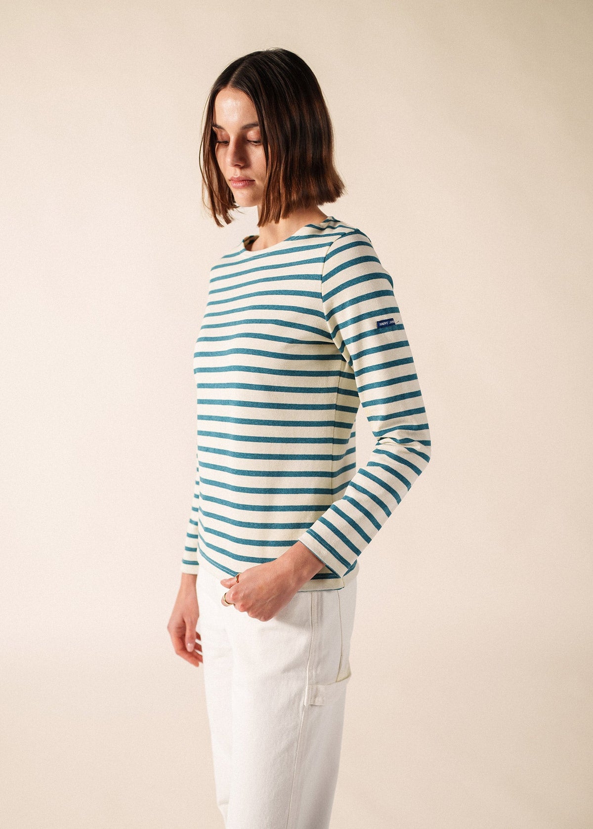 Saint James Meridame II Breton Shirt, Ecru / Coastal Blue Melange