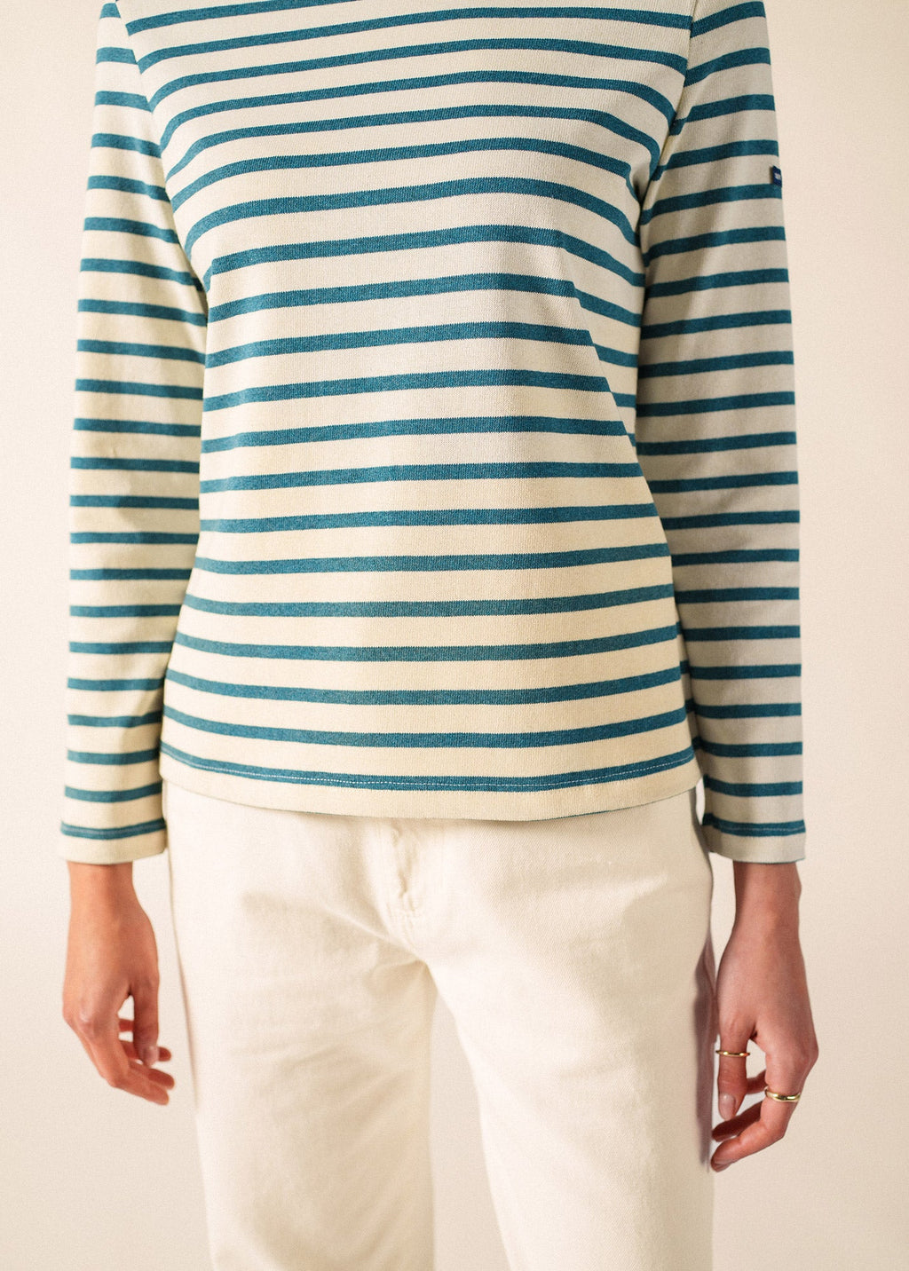 Saint James Meridame II Breton Shirt, Ecru / Coastal Blue Melange