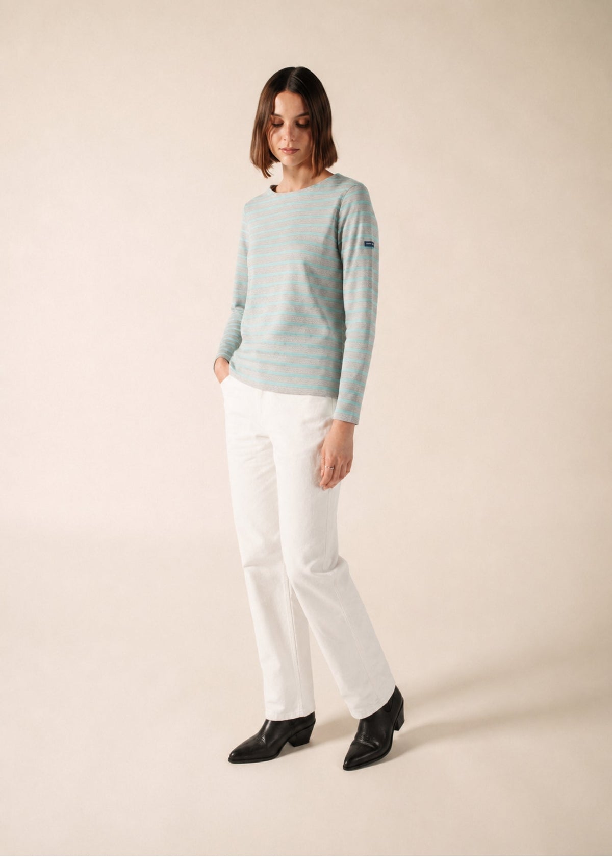 Saint James MERIDAME II Breton Shirt (PEARL  MELANGE / LIGHT COASTAL BLUE)