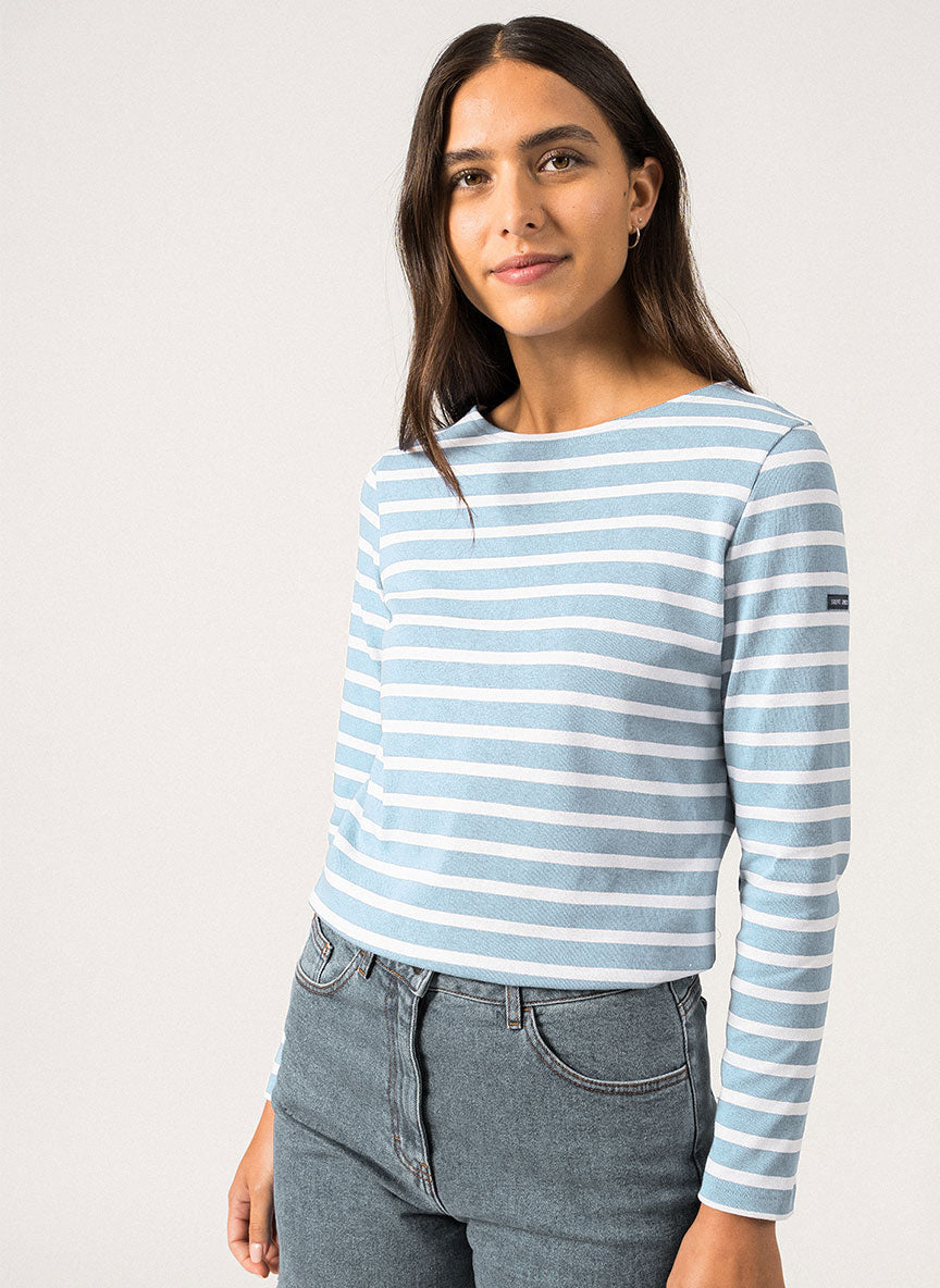 Saint James MERIDAME II - Authentic Breton Shirt | Heavyweight Cotton | Women Fit (ICY BLUE MELANGE/ WHITE)