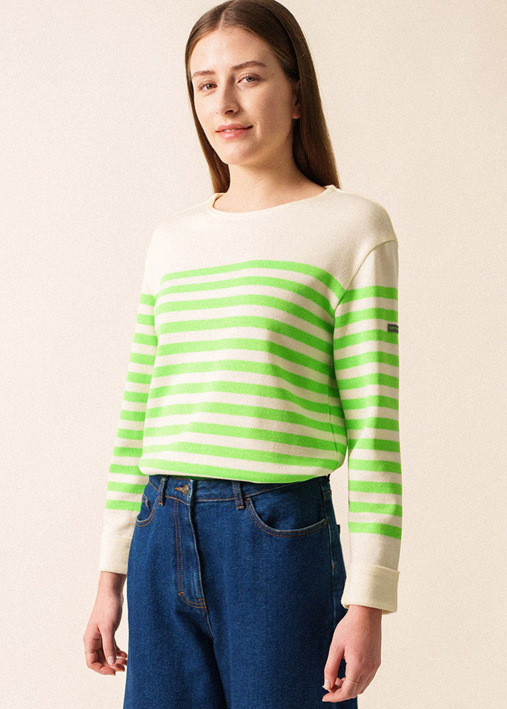 Saint James ECRINS FLUO - Striped Wool Sweater with Neon Accents (IVORY / NEON GREEN)