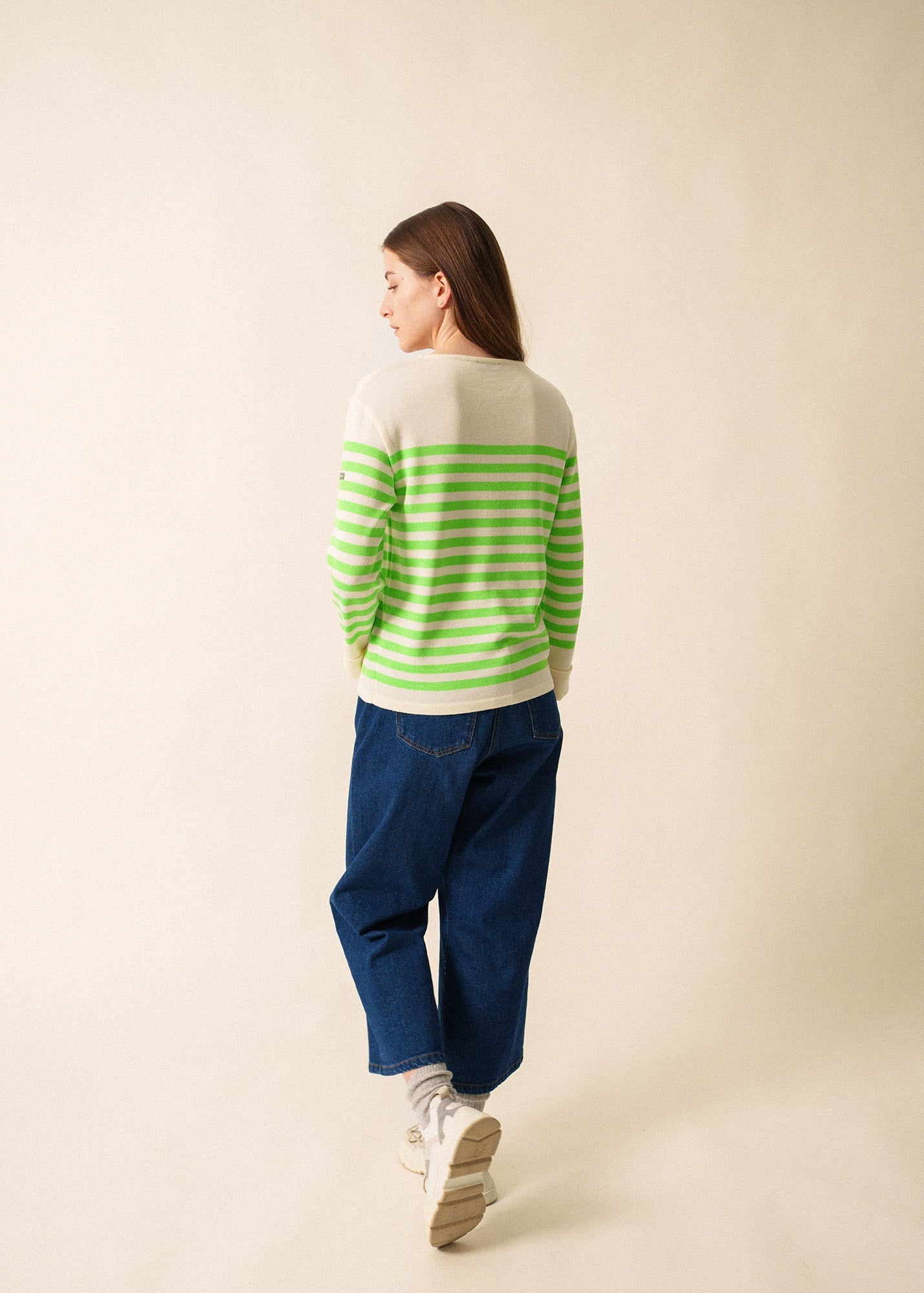 Saint James ECRINS FLUO - Striped Wool Sweater with Neon Accents (IVORY / NEON GREEN)