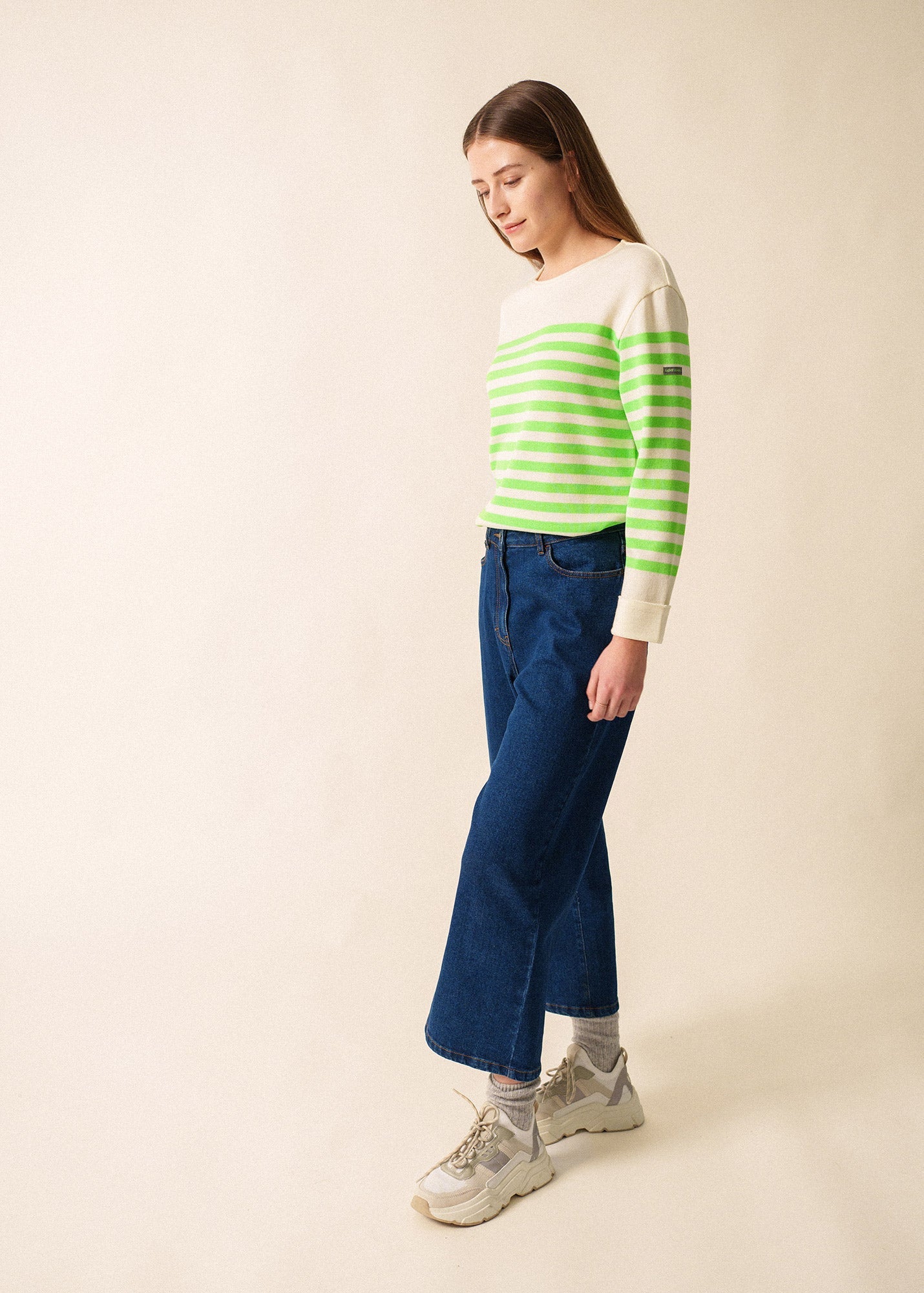 Saint James ECRINS FLUO - Striped Wool Sweater with Neon Accents (IVORY / NEON GREEN)
