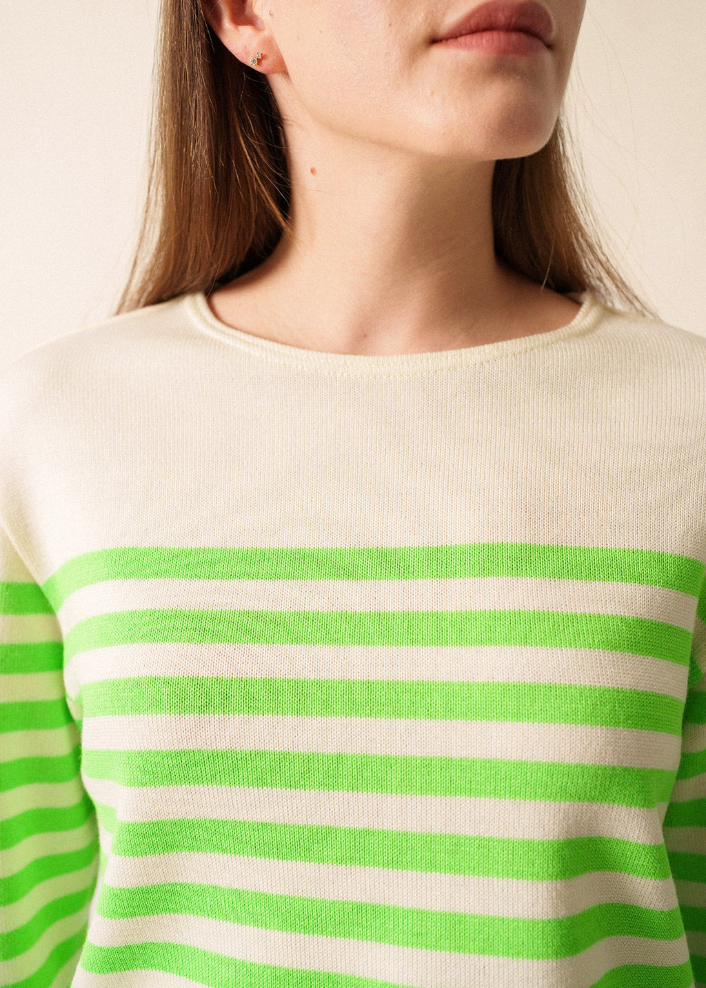 Saint James ECRINS FLUO - Striped Wool Sweater with Neon Accents (IVORY / NEON GREEN)