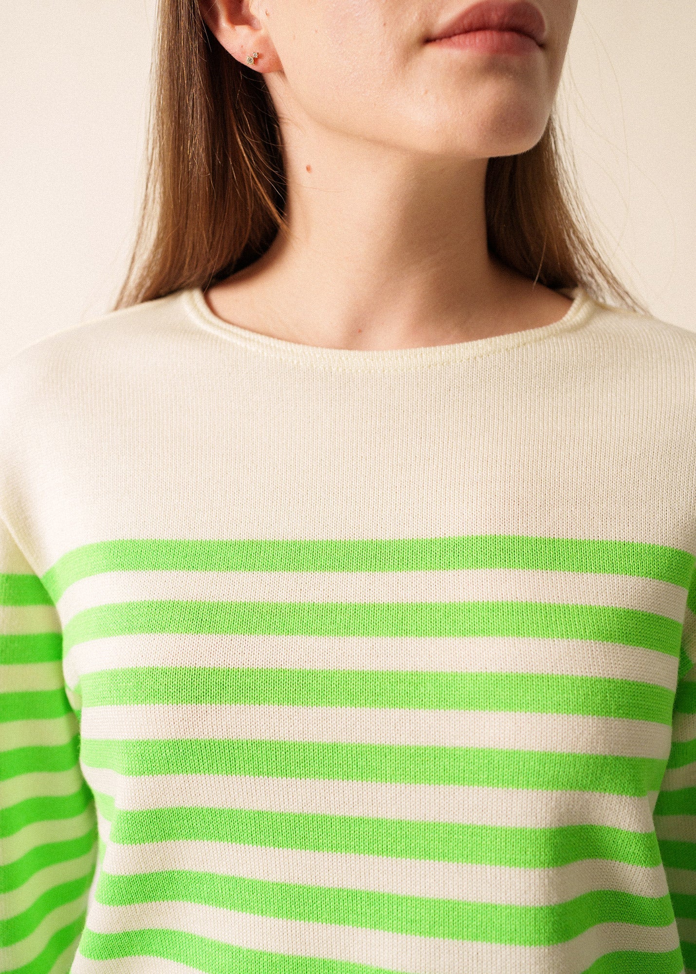 Saint James ECRINS FLUO - Striped Wool Sweater with Neon Accents (IVORY / NEON GREEN)