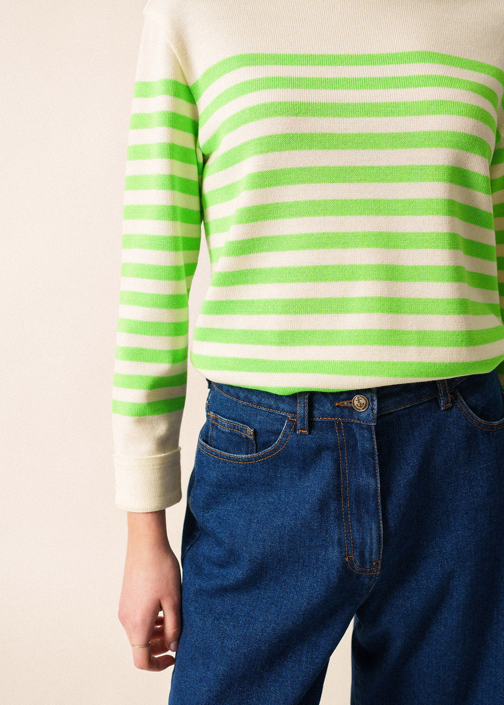 Saint James ECRINS FLUO - Striped Wool Sweater with Neon Accents (IVORY / NEON GREEN)
