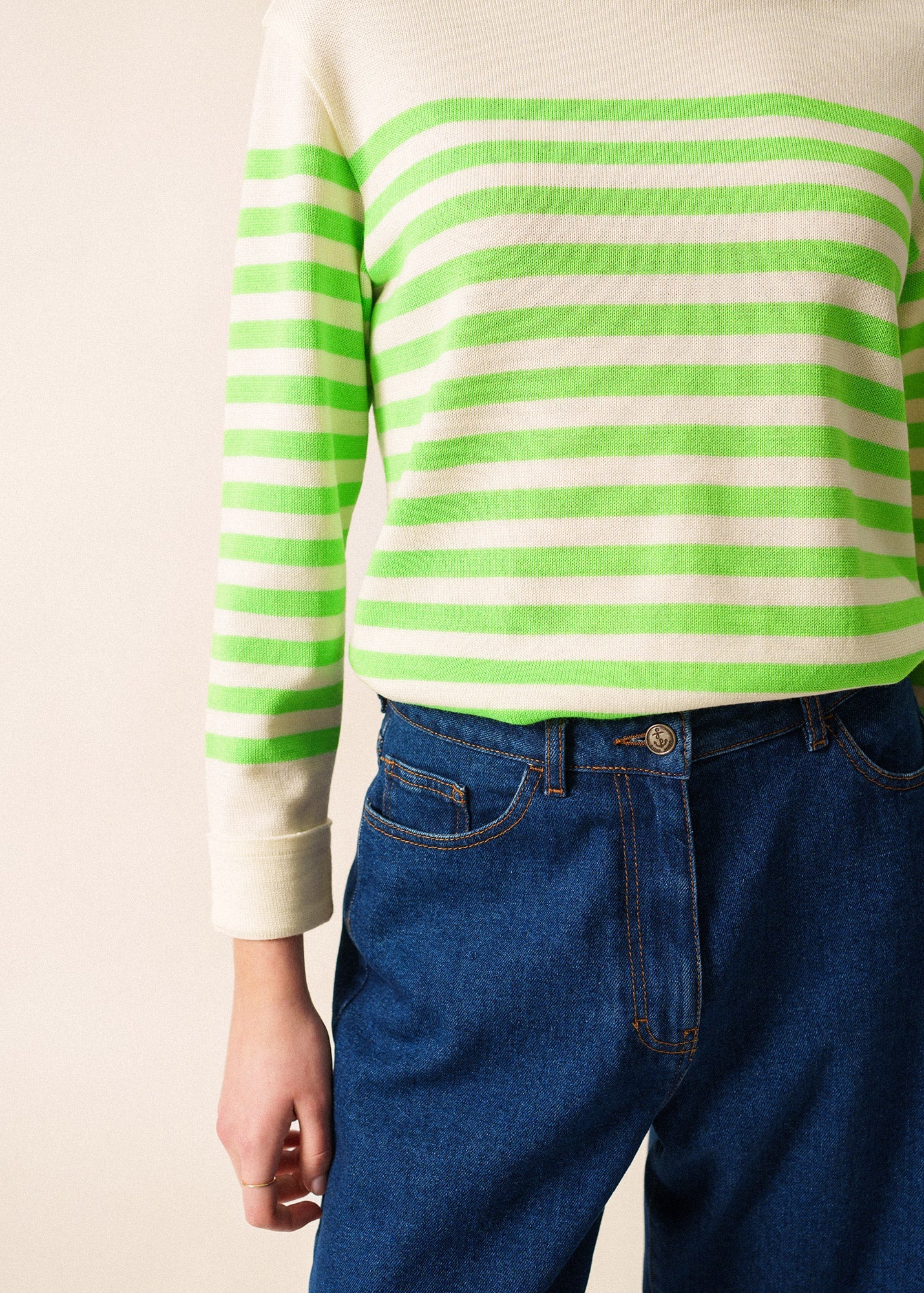 Saint James ECRINS FLUO - Striped Wool Sweater with Neon Accents (IVORY / NEON GREEN)