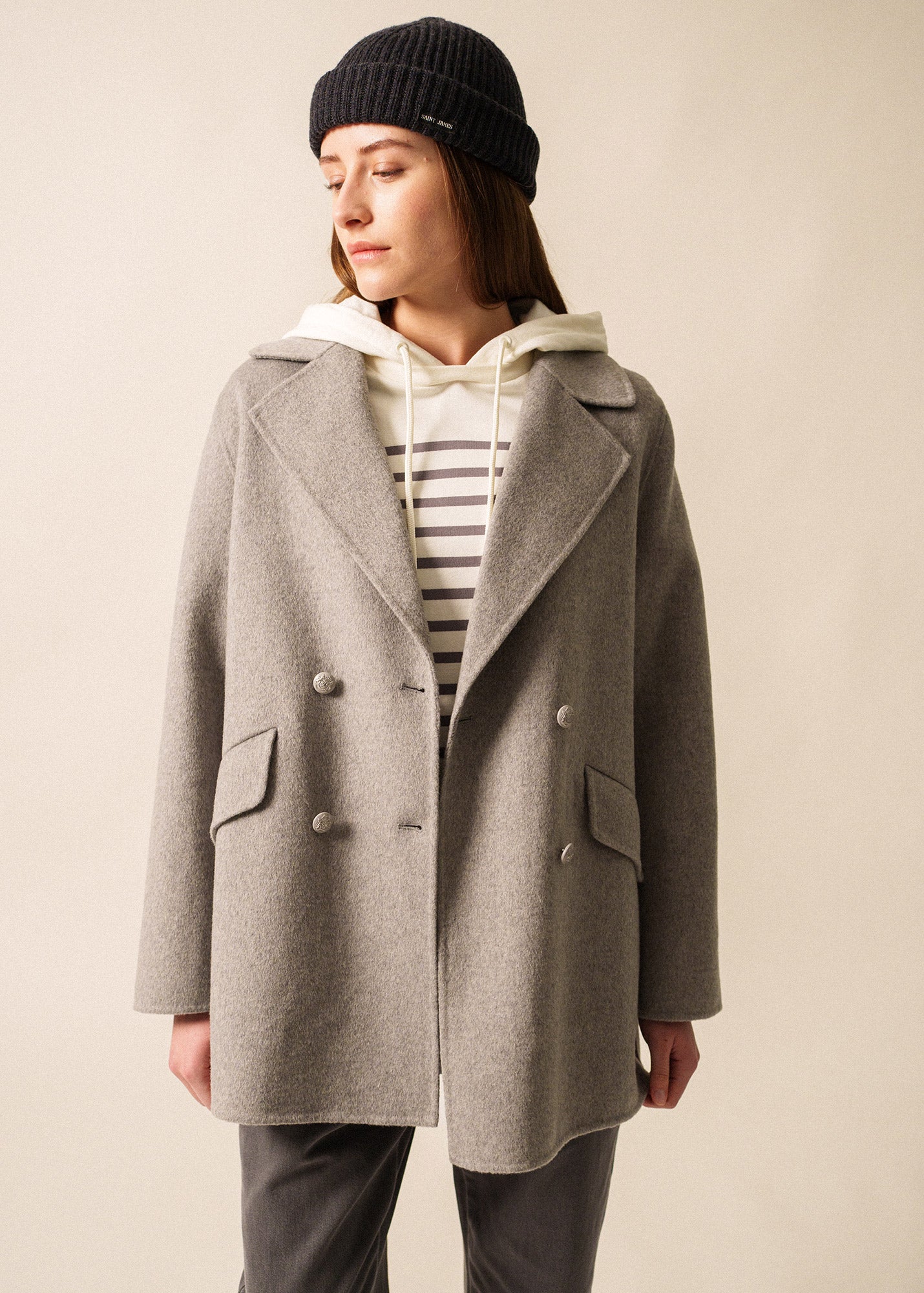 Saint James ST ELINA - Double-Breasted Soft Wool Peacoat (GRAY)