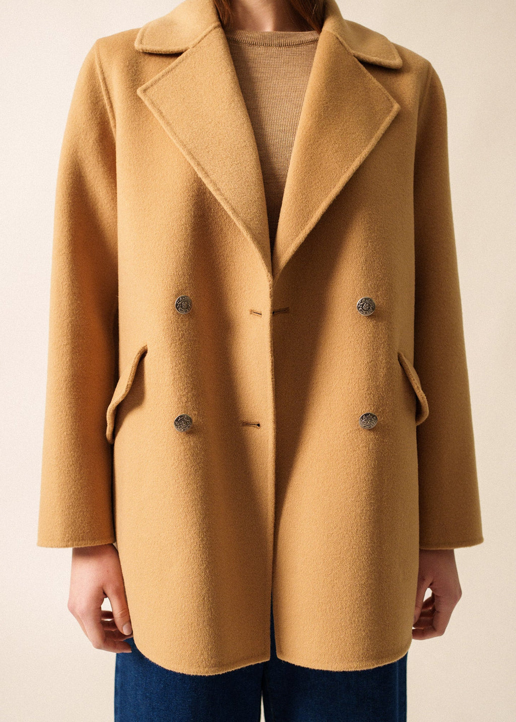 Saint James ST ELINA - Double-Breasted Soft Wool Peacoat (DARK BEIGE)