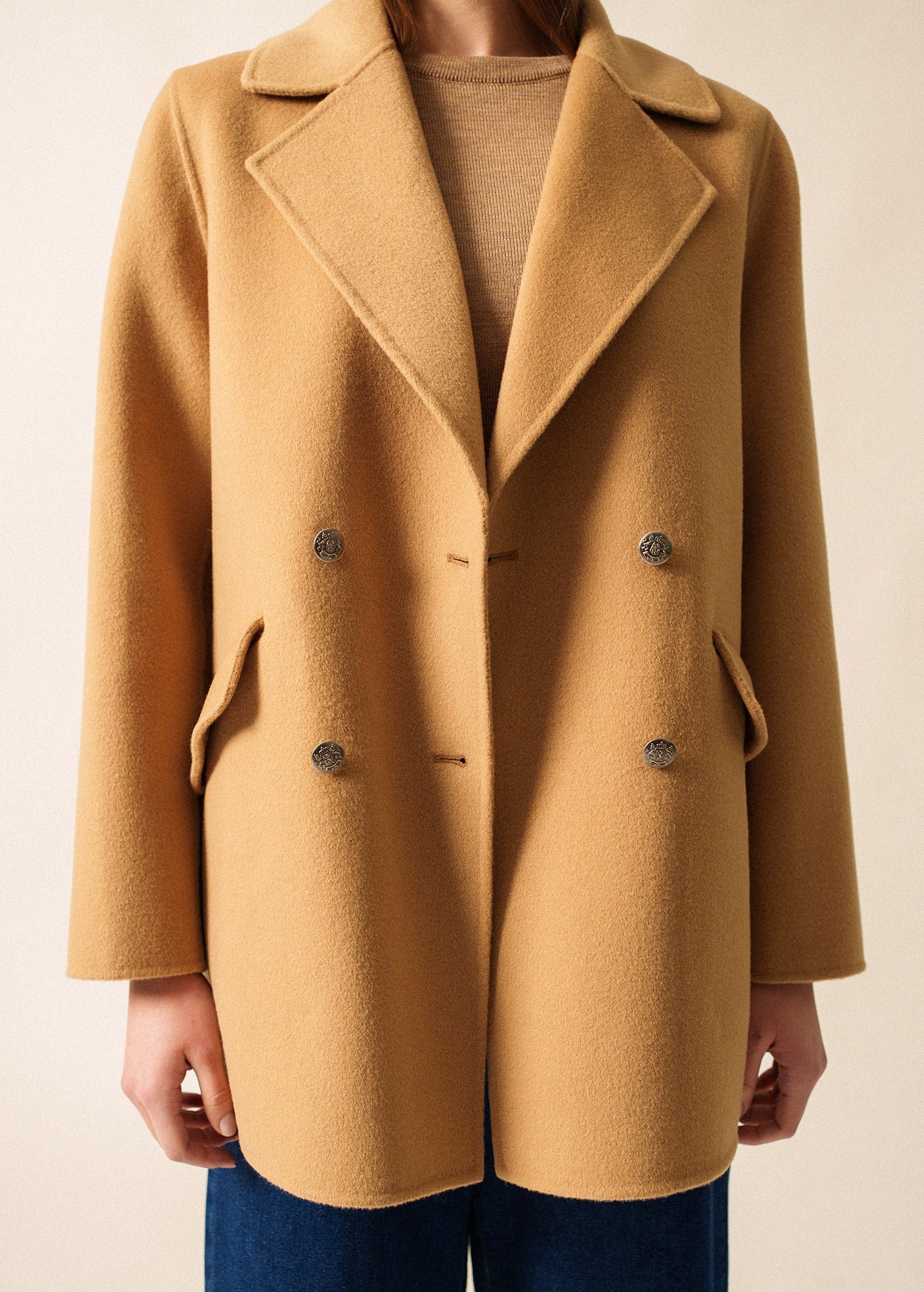 Saint James ST ELINA - Double-Breasted Soft Wool Peacoat (DARK BEIGE)