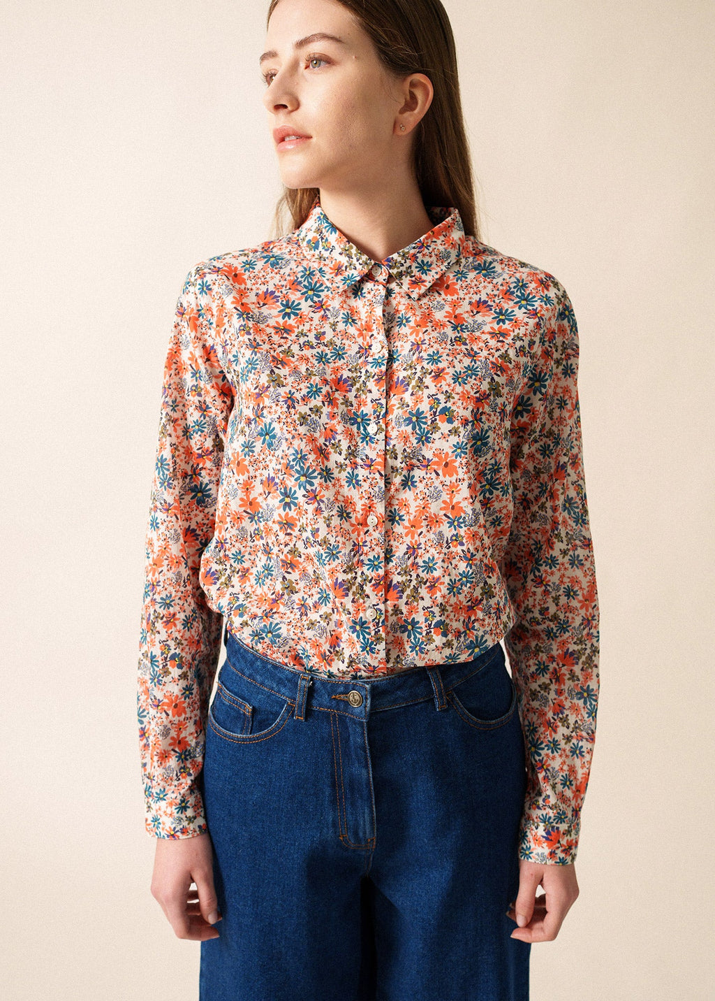 Saint James FANNY - Floral Cotton Veil Button-Down Blouse (FLORAL)