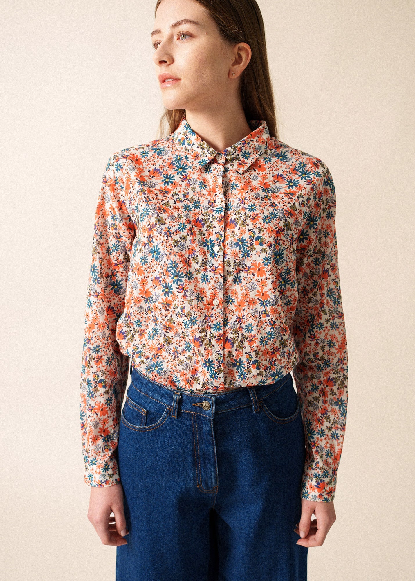 Saint James FANNY - Floral Cotton Veil Button-Down Blouse (FLORAL)