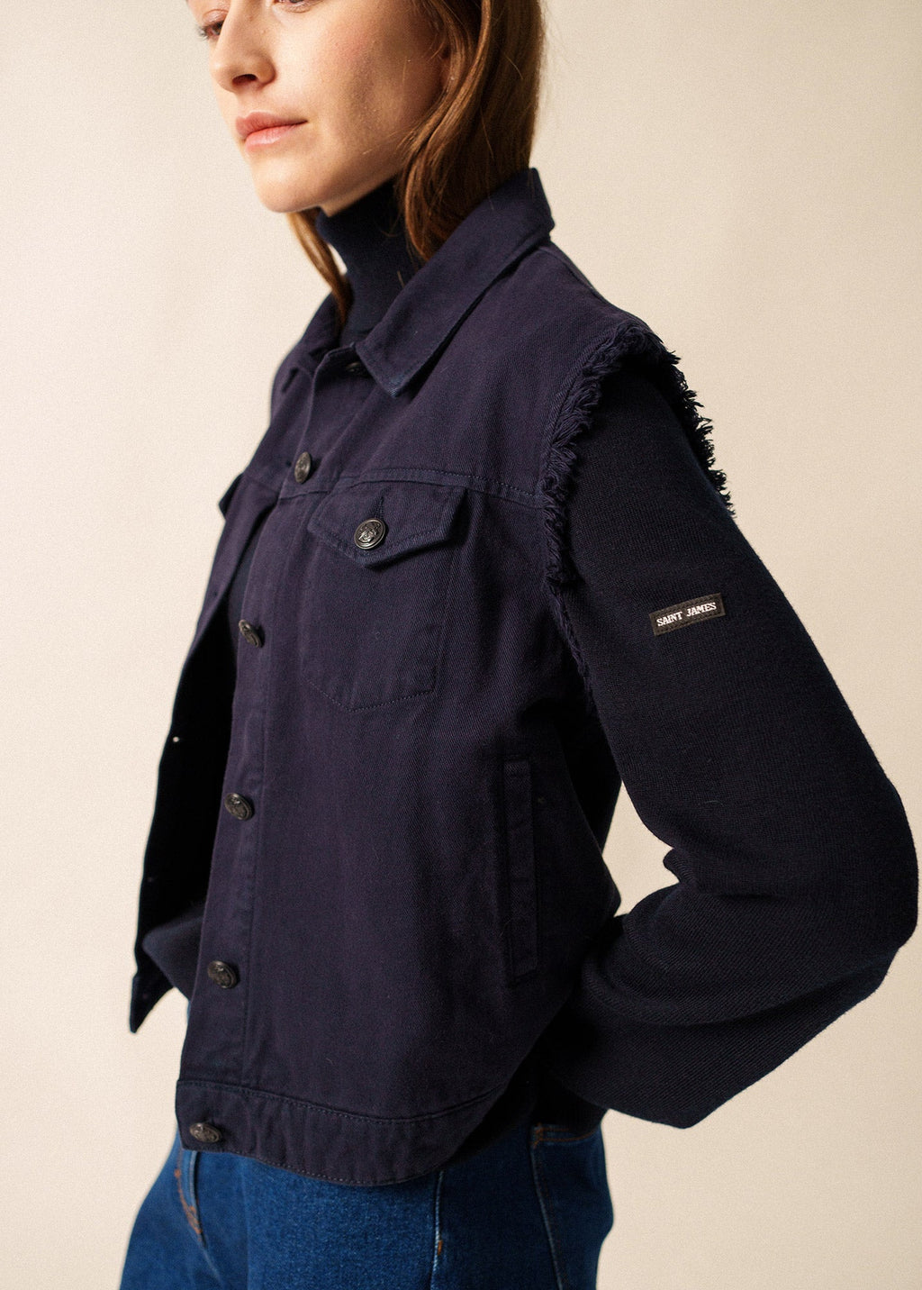 Saint James ST INES - Fringed Denim Vest (NAVY)