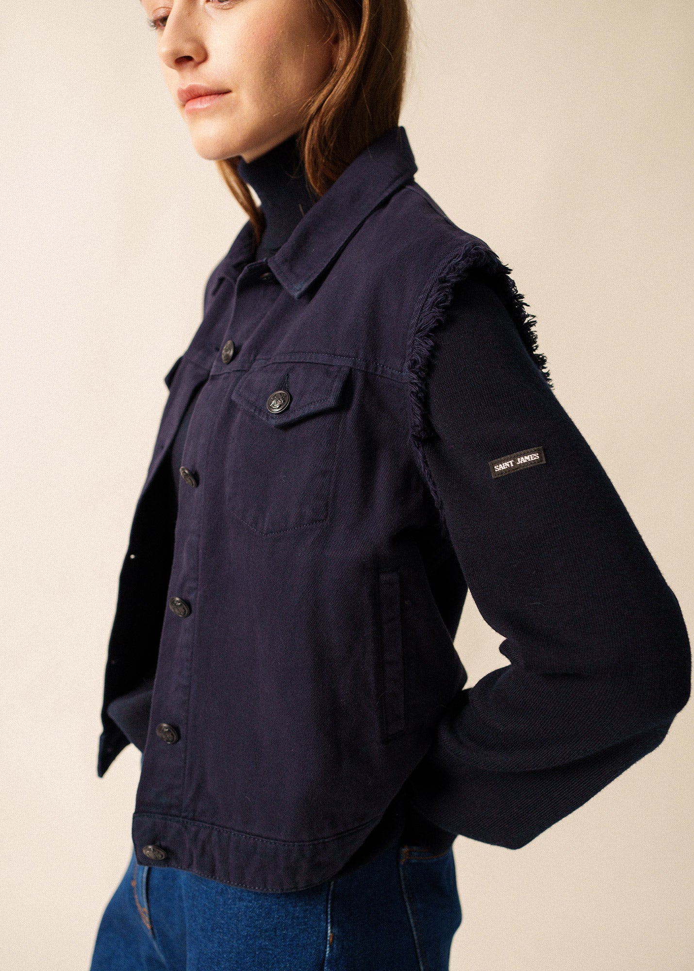 Saint James ST INES - Fringed Denim Vest (NAVY)