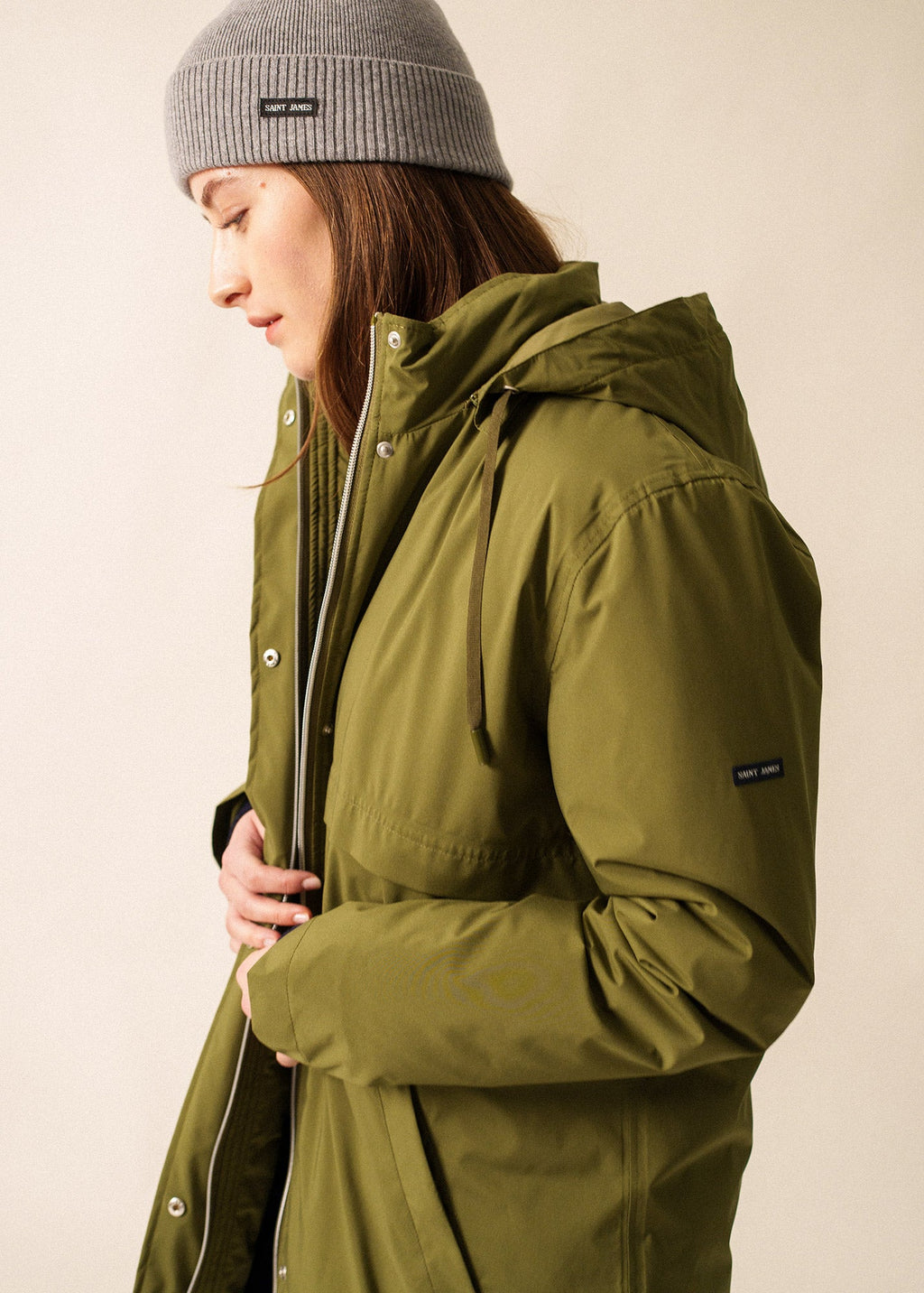 Saint James ST JULIE - Long Waterproof Hooded Parka with Removable Hood (OLIVE GREEN)