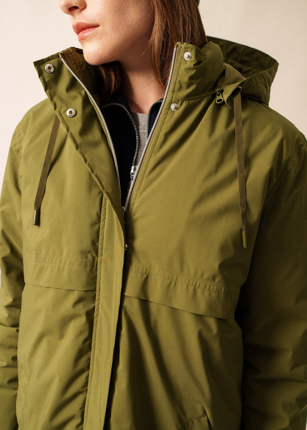 Saint James ST JULIE - Long Waterproof Hooded Parka with Removable Hood (OLIVE GREEN)
