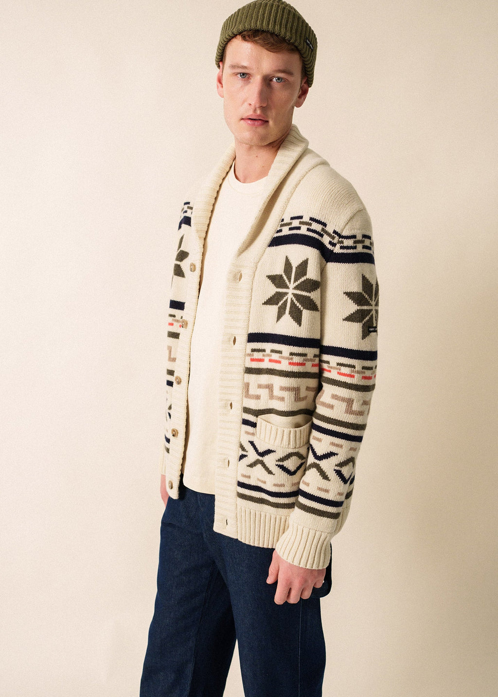Saint James SION - Wool Shawl Collar Jacquard Cardigan (ECRU / MULTICO)