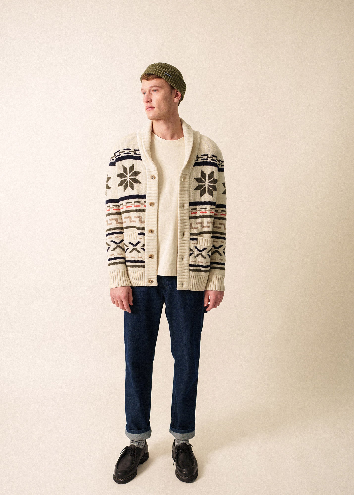 Saint James SION - Wool Shawl Collar Jacquard Cardigan (ECRU / MULTICO)