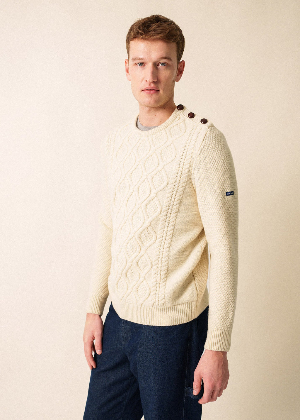 Saint James NYON - Cable Knit Sweater with Leather Buttons for Men (WINTER WHITE)