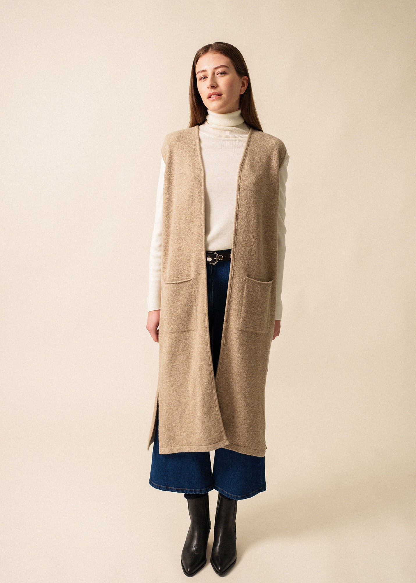 Saint James GENEVE - Long Open Knit Vest in Wool Blend (BEIGE)