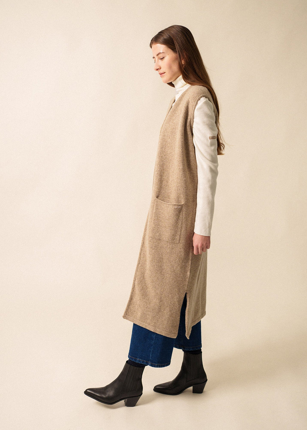 Saint James GENEVE - Long Open Knit Vest in Wool Blend (BEIGE)