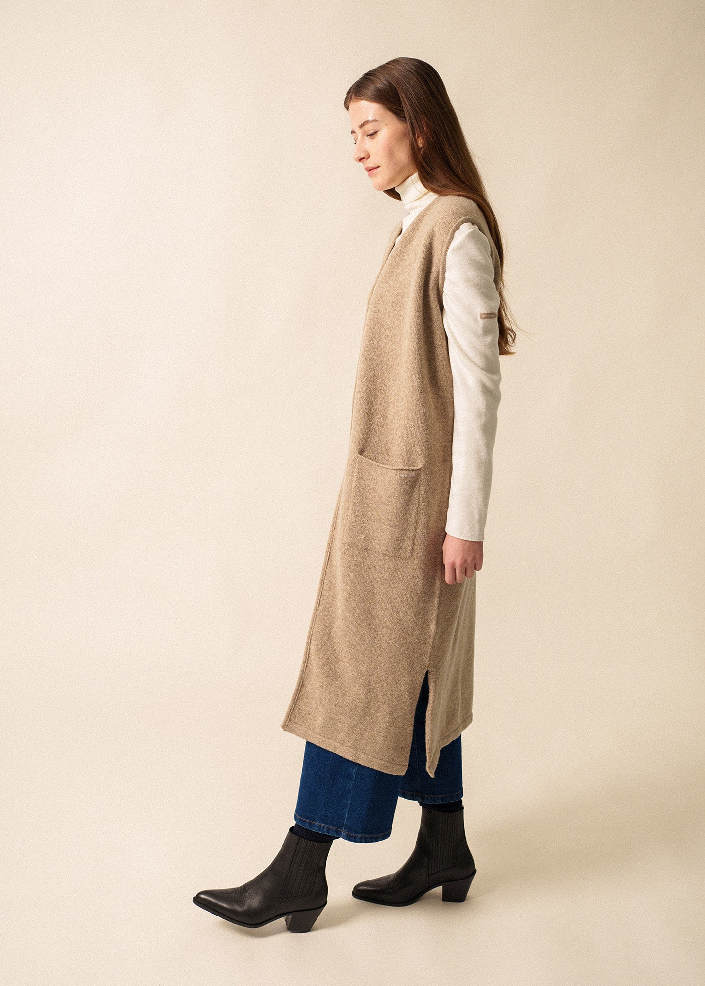 Saint James GENEVE - Long Open Knit Vest in Wool Blend (BEIGE)