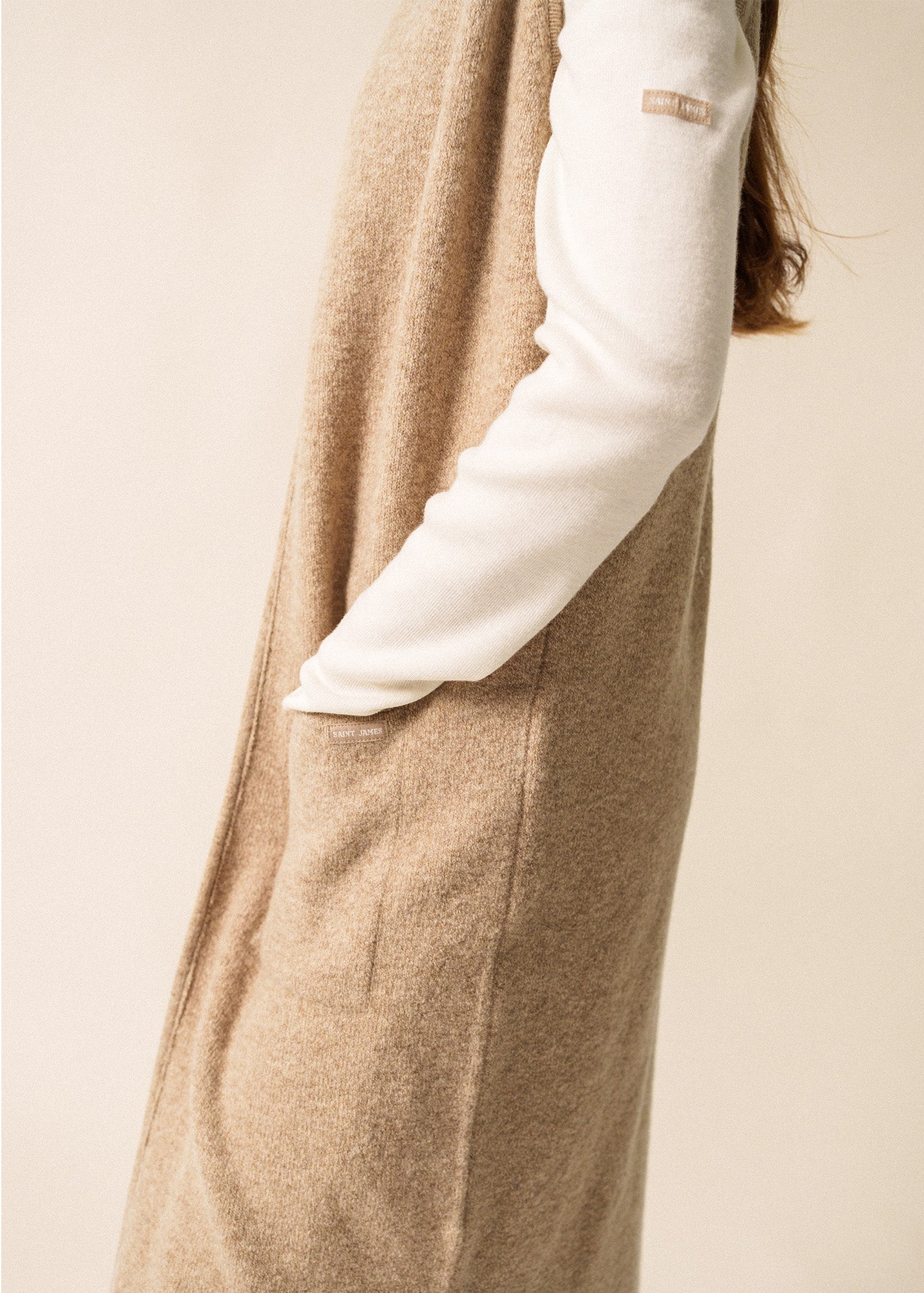 Saint James GENEVE - Long Open Knit Vest in Wool Blend (BEIGE)