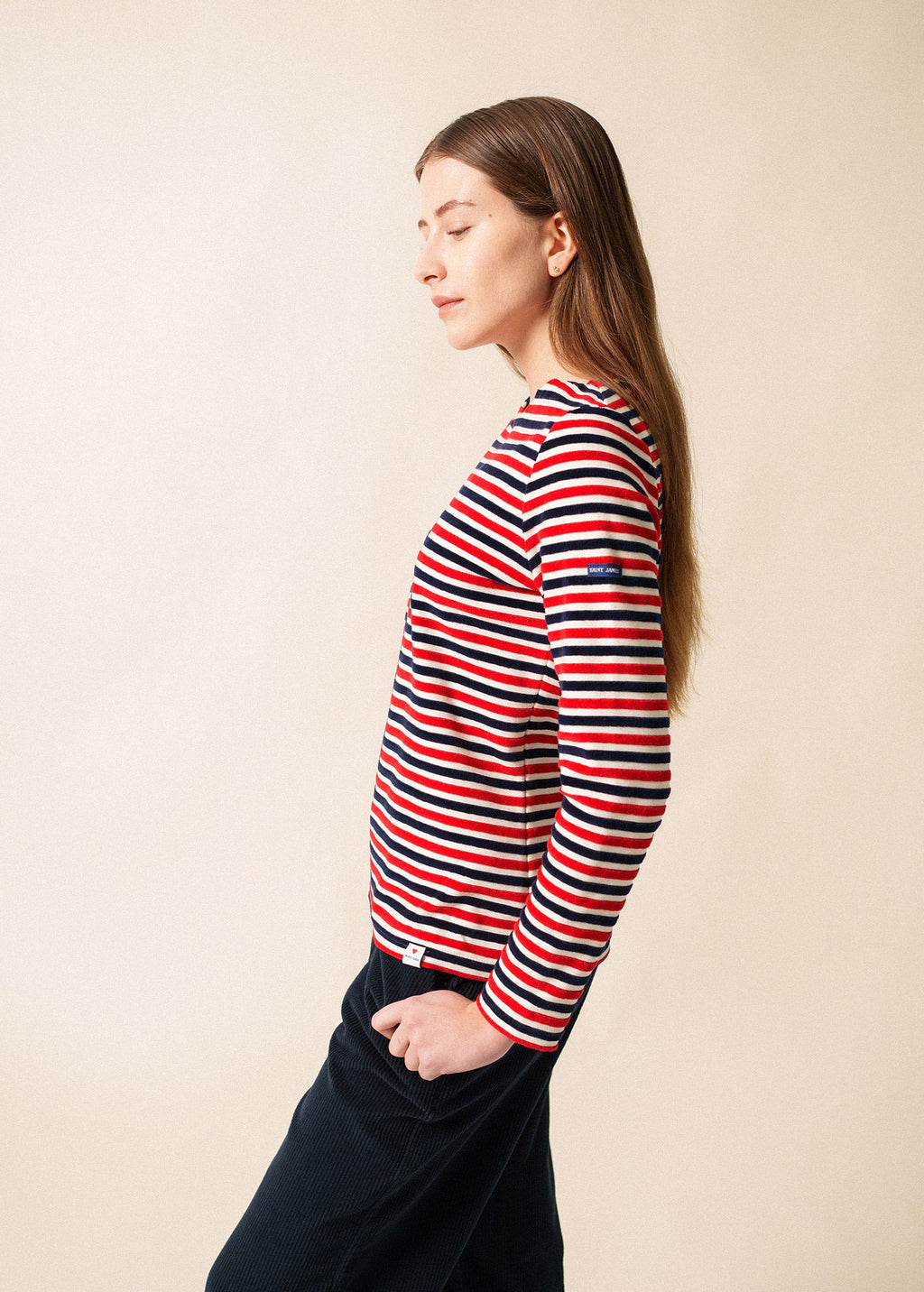 Saint James MERIVELOURS TRICOLOR - Fancy Breton Top with Velvet Stripes (IVORY / NAVY / RED)