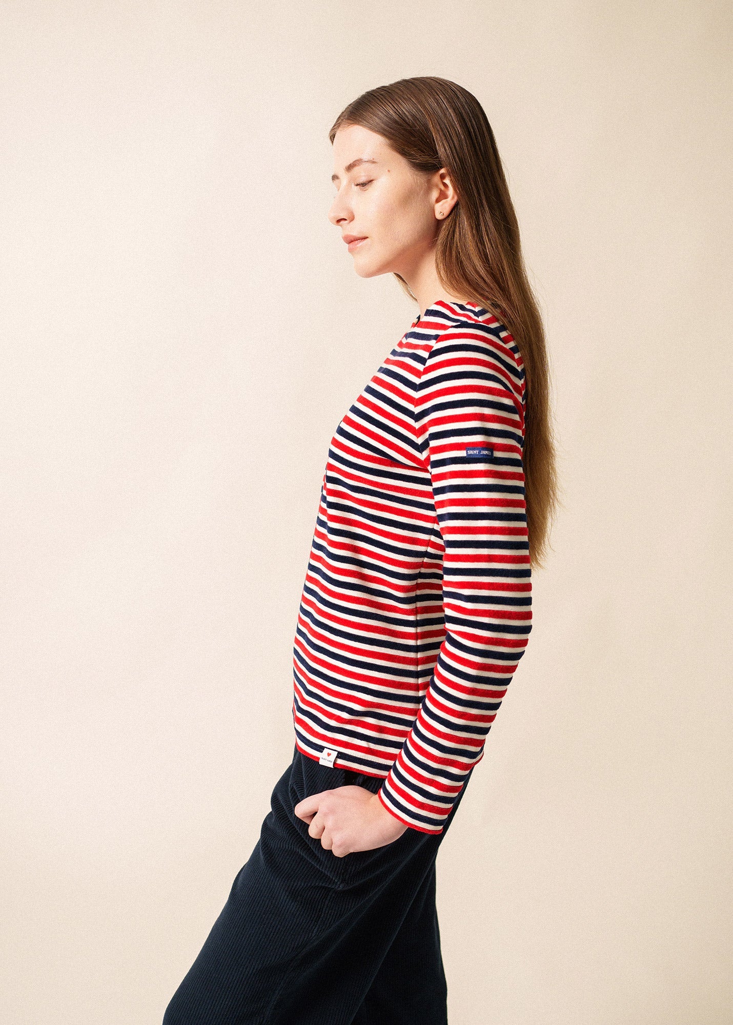Saint James MERIVELOURS TRICOLOR - Fancy Breton Top with Velvet Stripes (IVORY / NAVY / RED)