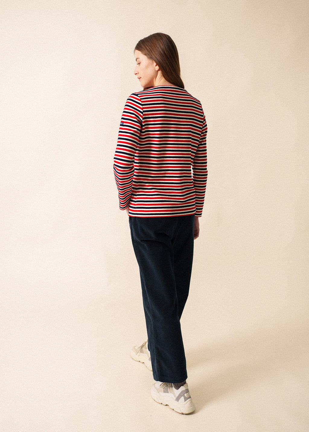 Saint James MERIVELOURS TRICOLOR - Fancy Breton Top with Velvet Stripes (IVORY / NAVY / RED)