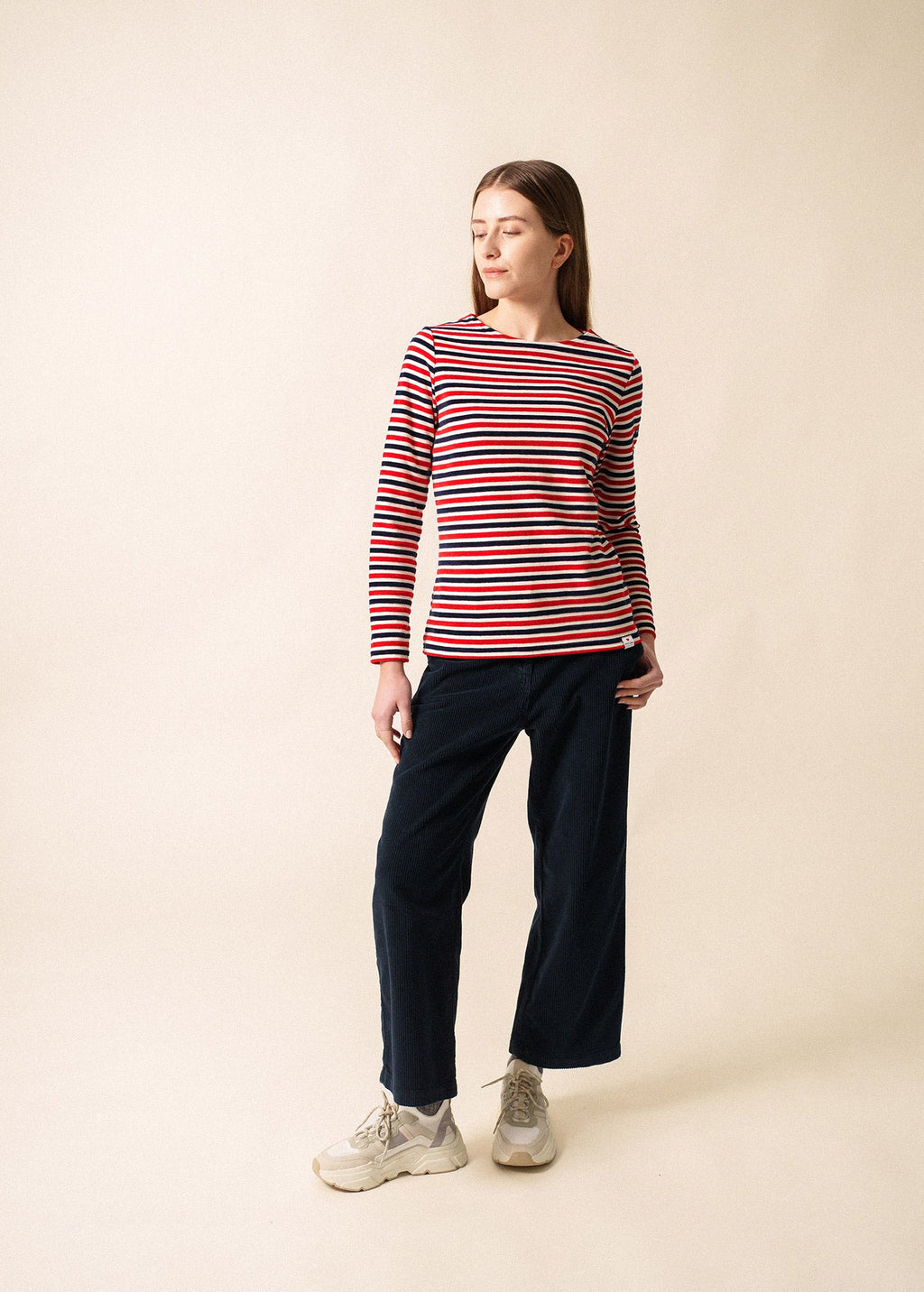 Saint James MERIVELOURS TRICOLOR - Fancy Breton Top with Velvet Stripes (IVORY / NAVY / RED)
