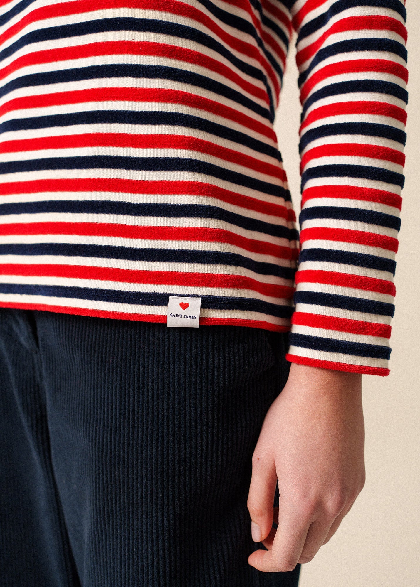 Saint James MERIVELOURS TRICOLOR - Fancy Breton Top with Velvet Stripes (IVORY / NAVY / RED)
