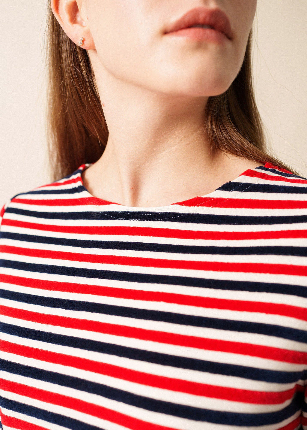 Saint James MERIVELOURS TRICOLOR - Fancy Breton Top with Velvet Stripes (IVORY / NAVY / RED)