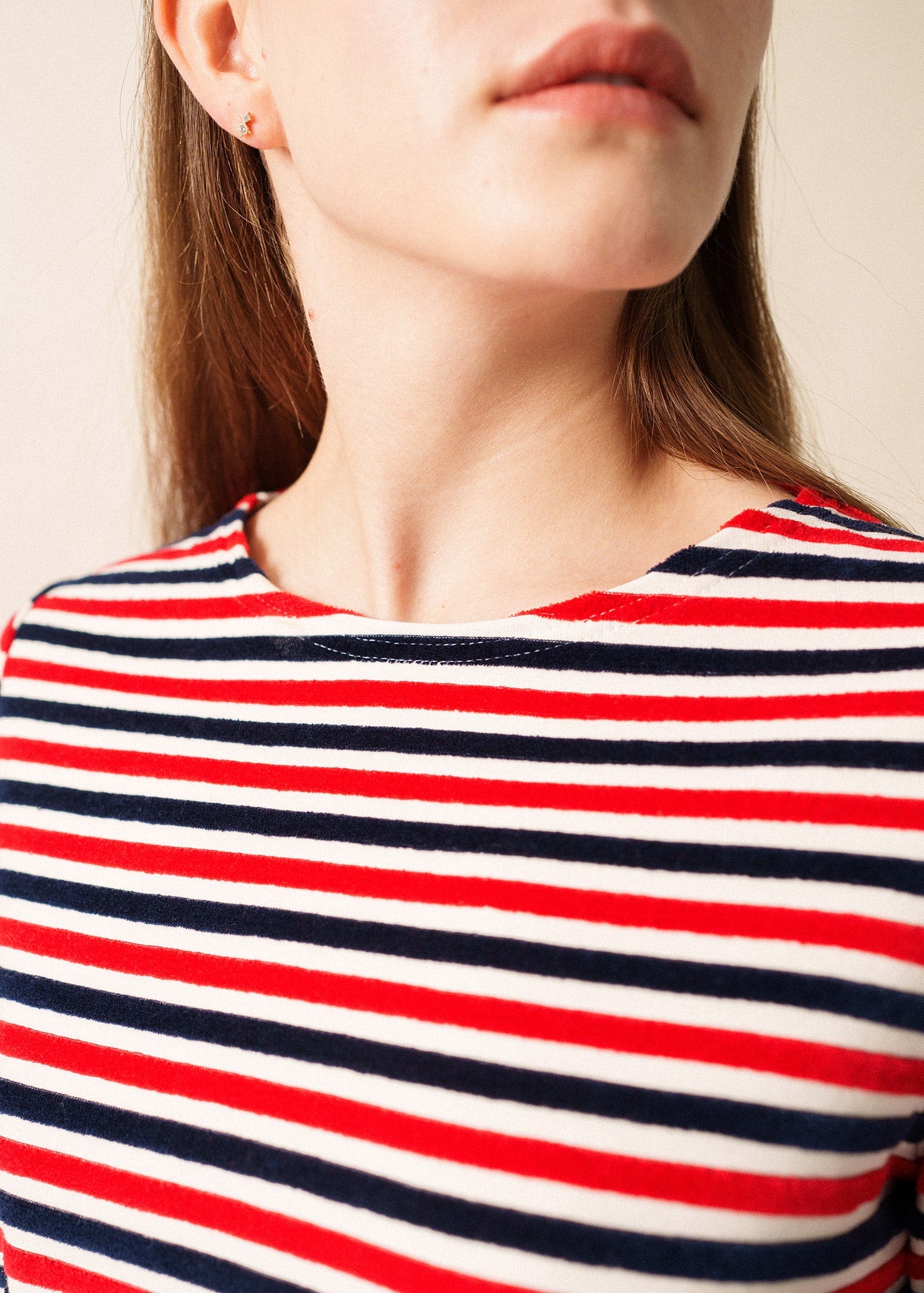 Saint James MERIVELOURS TRICOLOR - Fancy Breton Top with Velvet Stripes (IVORY / NAVY / RED)