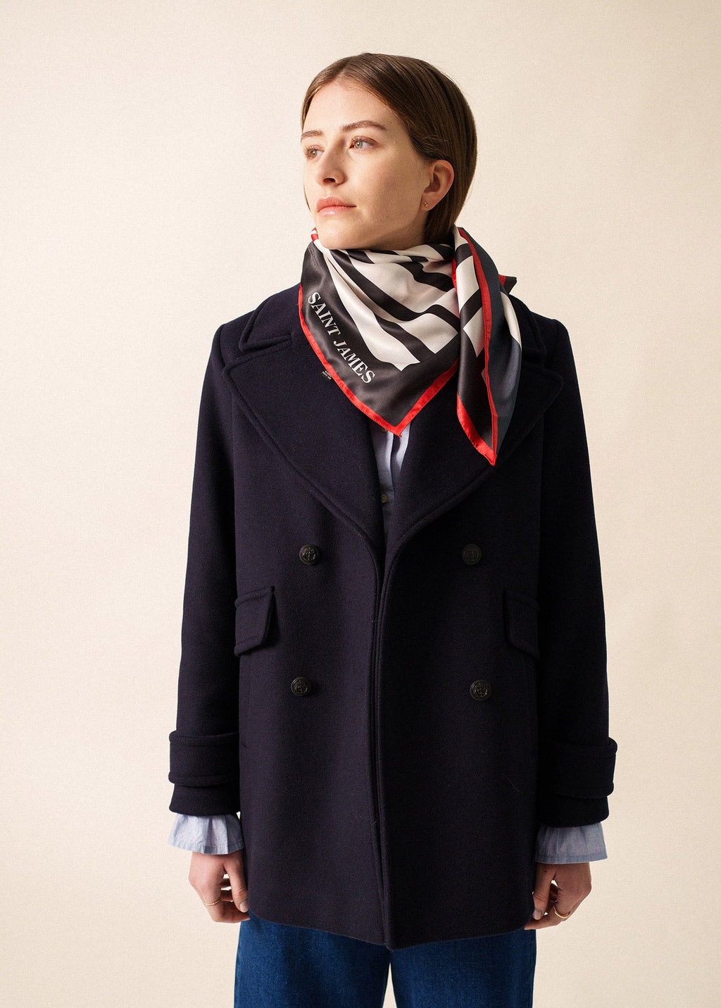 Saint James CARRE COEUR - Striped Square Scarf with Heart Motifs (ECRU / NAVY / RED)